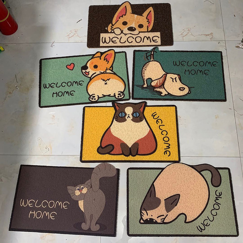 Cartoon Corgi entry floor mats, stain-resistant foot mats, door carpets, non-slip living room, bedroom bedside wire coil mats