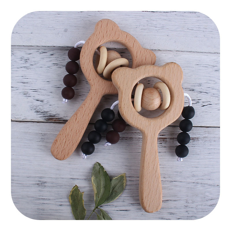 Nuevo DIY de dibujos animados de haya mano palo juguete teether marrón oso sonajero juguete infantil teether palo