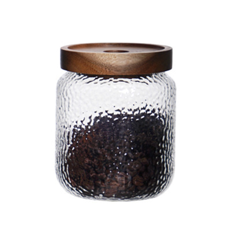 Fábrica al por mayor de madera de acacia tarro de almacenamiento transparente martillado de vidrio sellado tarro de té de vidrio tarro sellado de té