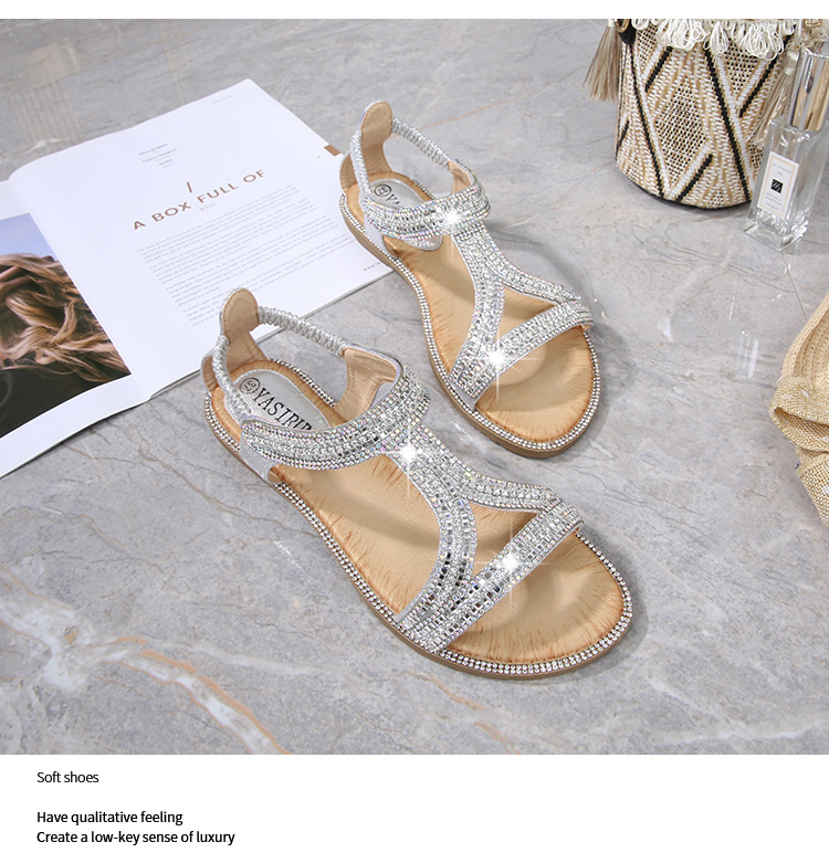 2025 New cross-border sandals Bohemian-style women's shoes summer hollowed-out flat diamond sandals Womanshoes undefined