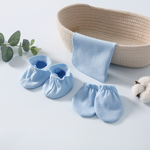 新生婴儿服饰套装宝宝纯色棉小方巾0-3个月棉手脚套用品套装