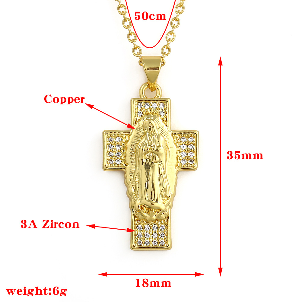 Virgin Mary Cross Pendant Copper Zircon Necklace display picture 1