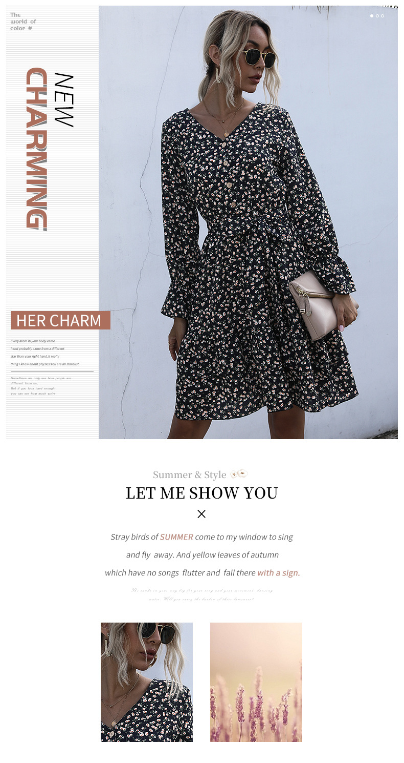 Button Floral Long-Sleeved V-Neck Chiffon Dress NSDMB113770