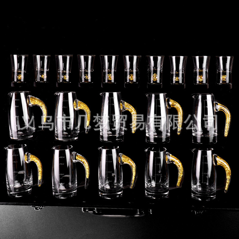 一口杯镶金箔玻璃白酒杯分酒器杯烈酒杯水晶家用小酒杯酒具套装