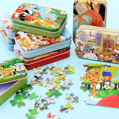 children 60 woodiness Iron box Jigsaw puzzle kindergarten Early education Puzzle Toys 3-6 boy girl Assemble Building blocks