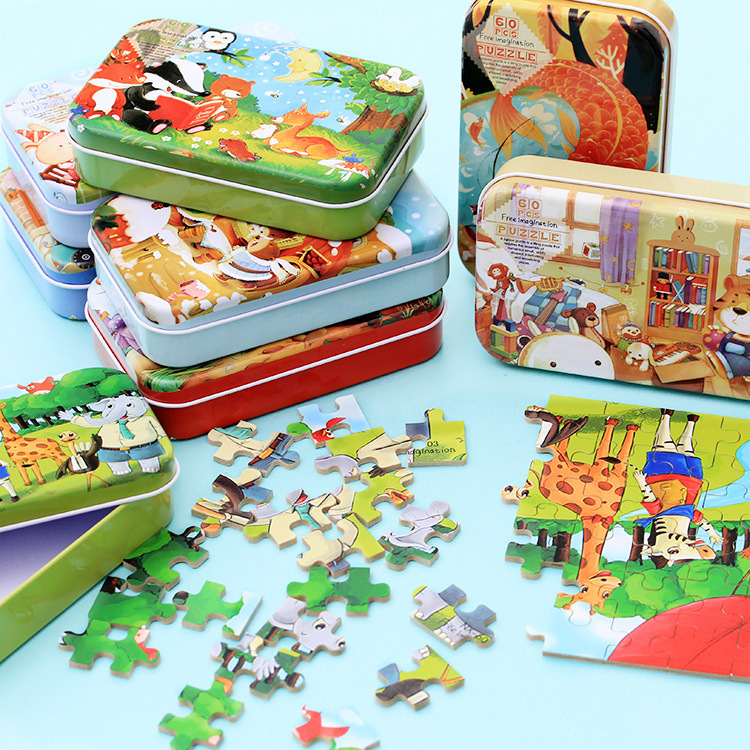 children 60 woodiness Iron box Jigsaw puzzle kindergarten Early education Puzzle Toys 3-6 boy girl Assemble Building blocks