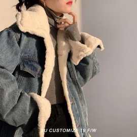 2022秋冬新款复古加绒加厚羊羔毛牛仔外套女宽松韩版BF风百搭棉衣