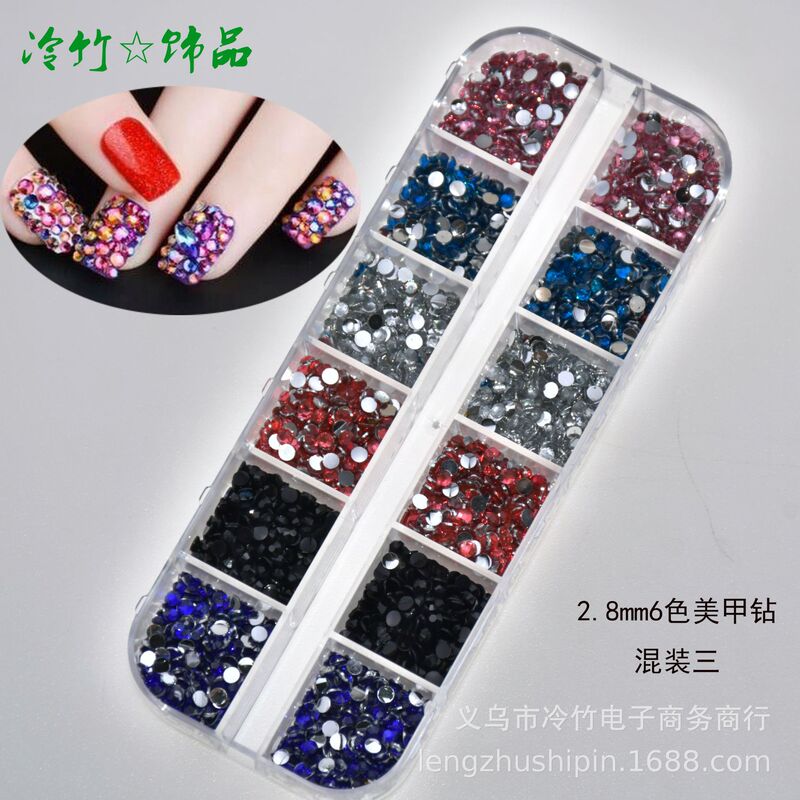 Nail jewelry nail flat diamond 12 grid long diamond box acrylic Diamond 2.8MM round diamond 12 color DIY rhinestone three
