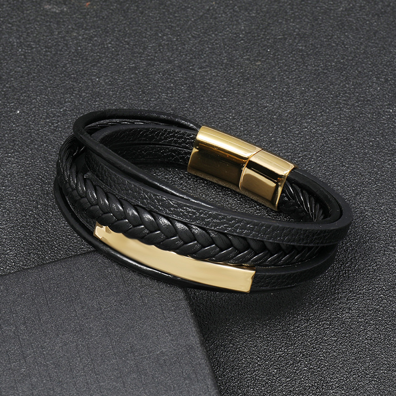 simple stainless steel hip-hop leather bracelet