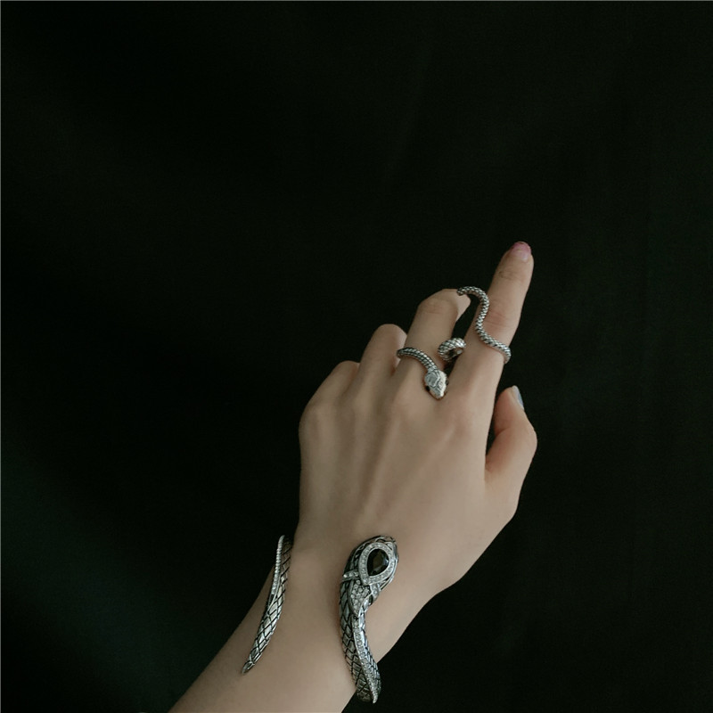 retro antique silver snake totem gemstone diamond exaggerated opening bracelet