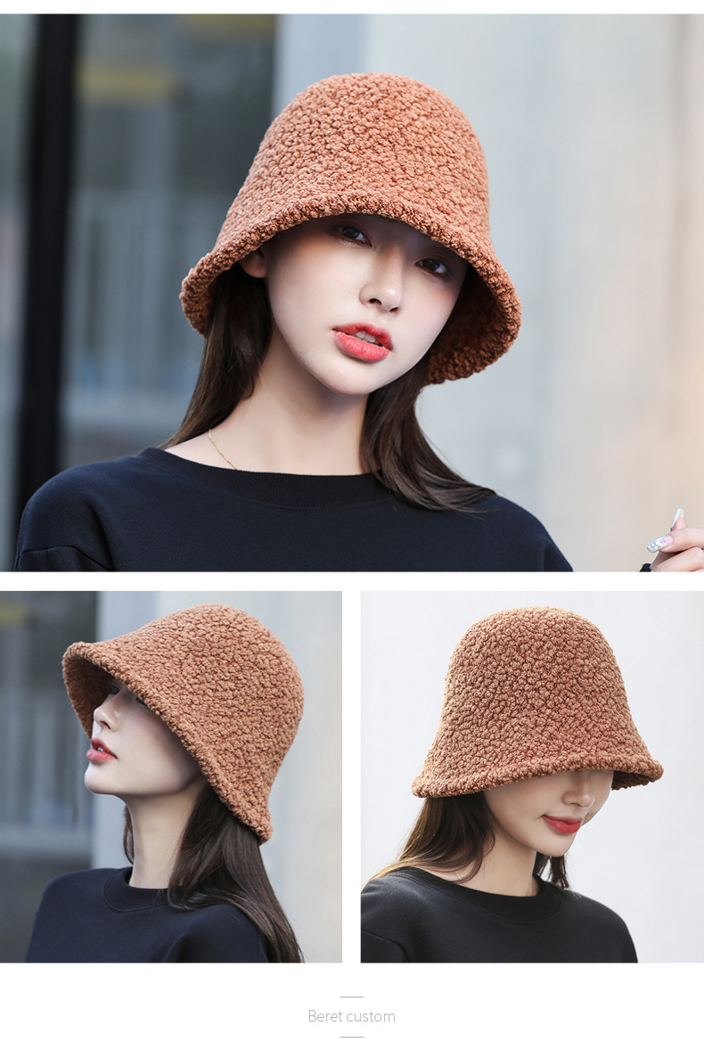 Nouveau chapeau de pêcheur en peluche d'agneau d'automne et d'hiver chapeau de mode coréenne pour femmes chapeau de seau d'eau couvrant le visage japonais chapeau de bassin Art Big Eaf_voghion.com