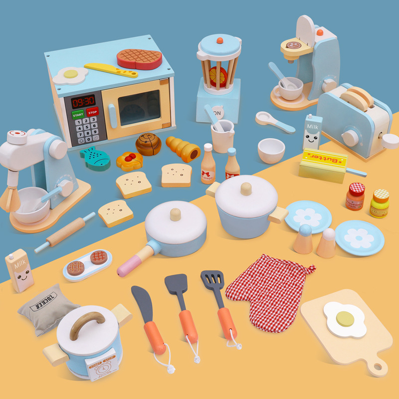 Casa de juego cocina de madera vida hogar juguete eléctrico niños simulación horno fabricante de pan exprimidor corte de utensilios de cocina