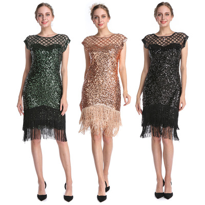 European American birthday cocktail party evening dresses gold dark green black sequined tassels latin dress bead embroidered sequin tassel flapper dress