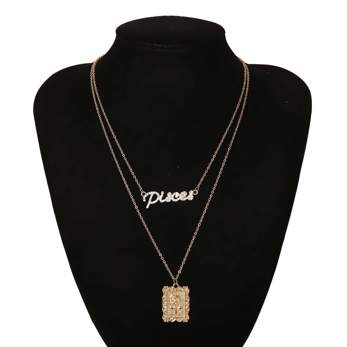 Fashion Wild Rose Embossed Square Double Layer Micro-inlaid Rhinestone Letter Alloy Necklace display picture 10