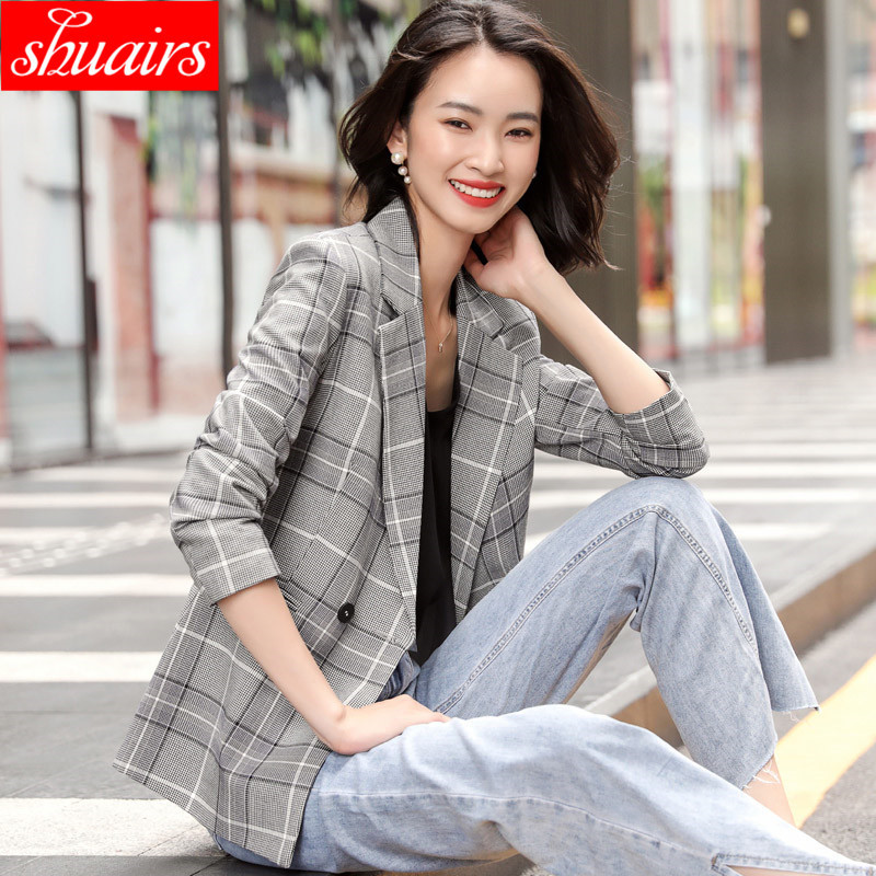 Korean style 2020 new plaid suit jacket Women's Spring and Autumn Mid-length casual small suit Fashion Net red top fashion