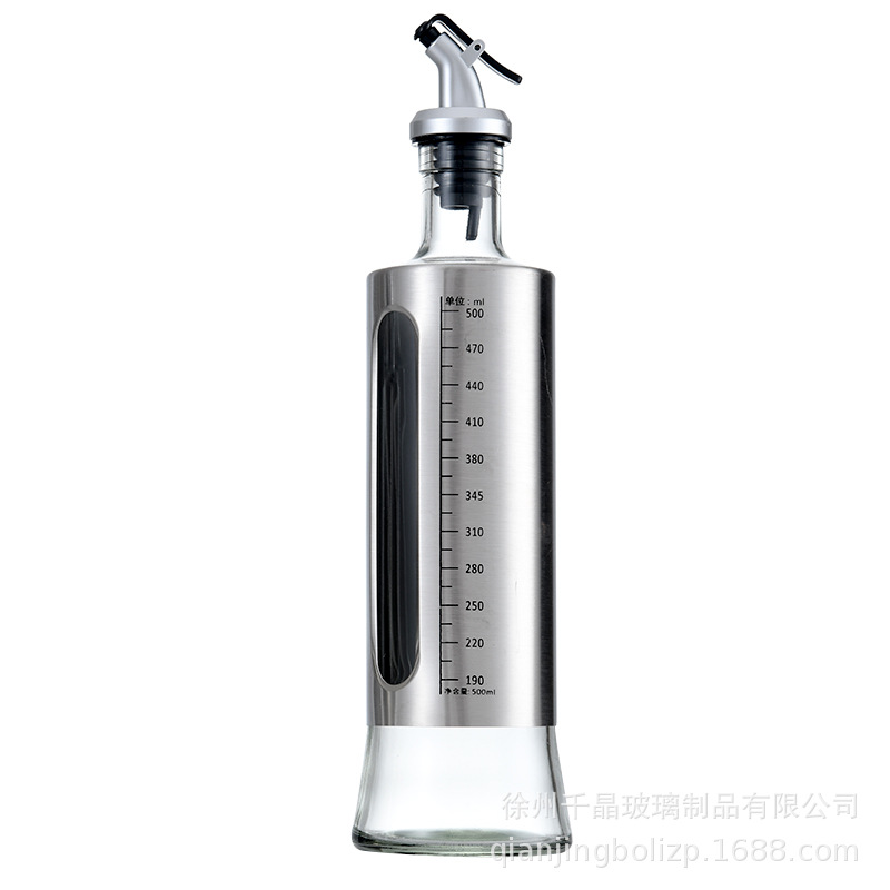 Botella de aceite de acero inoxidable controlable con escala aceite olla salsa vinagre cocina vino líquido condimento botella de vidrio logotipo impreso