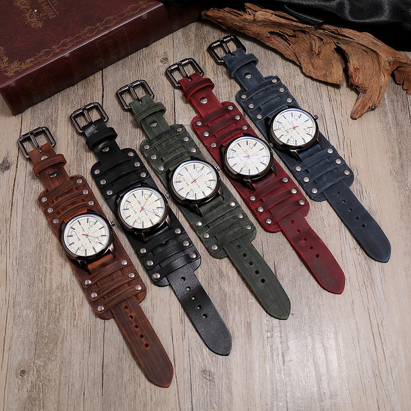 Grenz Überschreitende Neue Zubehör Hersteller Liefern Retro-rindsleder Uhren, Personal Isierte Verstellbare Punk-herren-leder Armbänder display picture 8