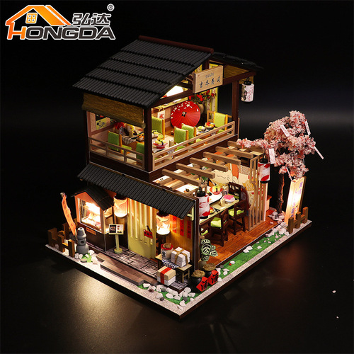 Hongda creative DIY cabin Yoshimoto sushi shop hand-assembled wooden building model villa birthday gift for women