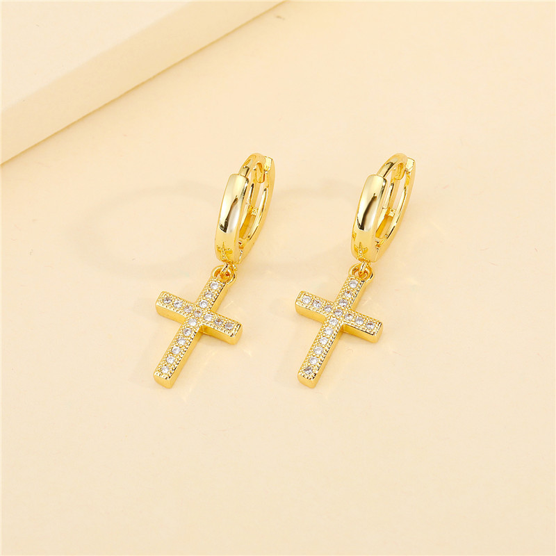 Korean Retro  Colored Diamond Cross Earrings display picture 4