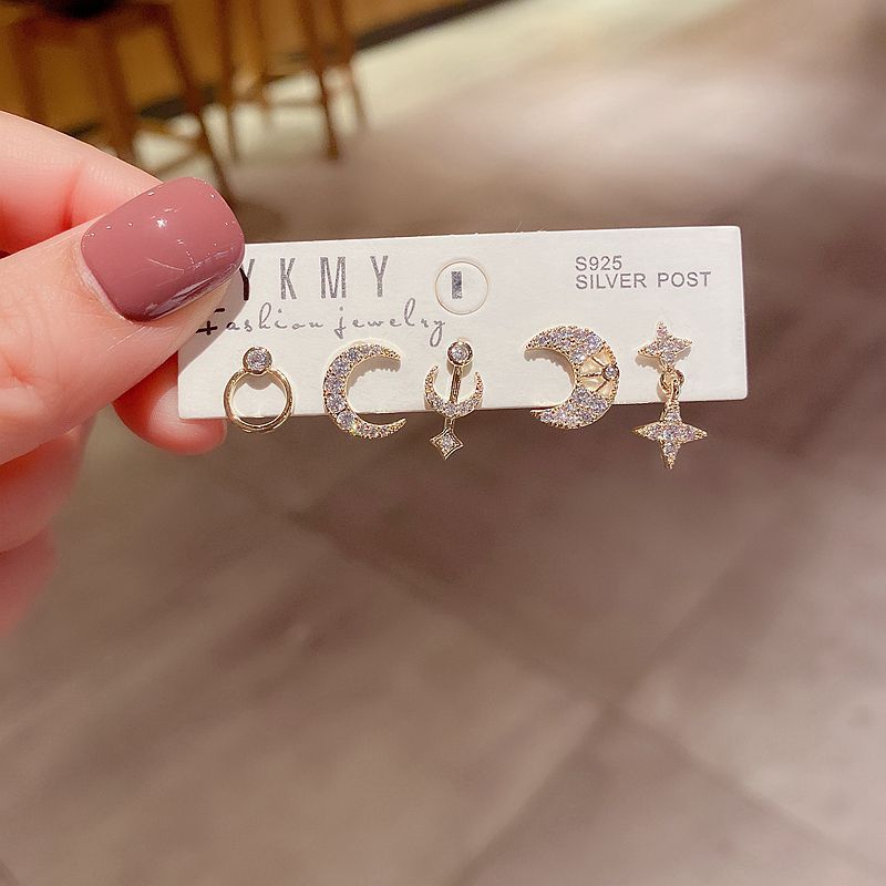 Korean  5 Piece Set Simple  Micro-inlaid Zircon Moon Star Earrings display picture 1