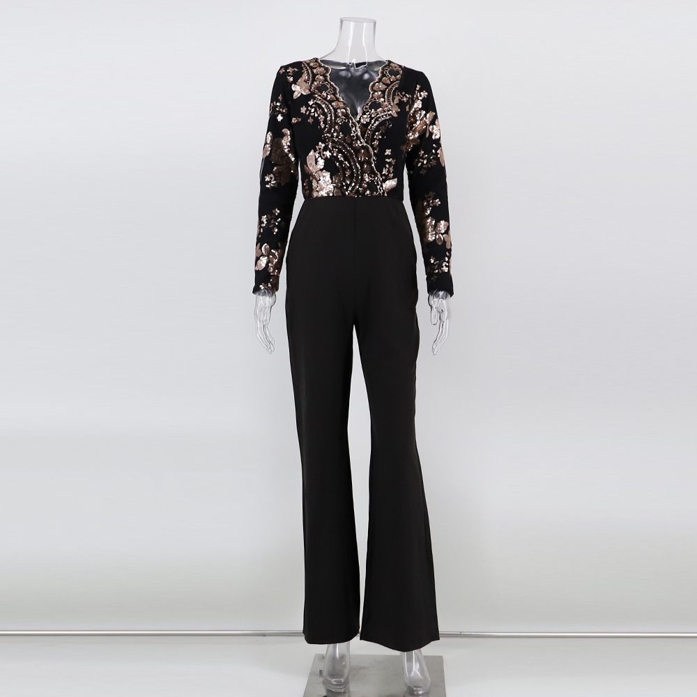 Sexy Retro Long Sleeve Sequin Stitching Jumpsuit   New Popular  Women  Clothing in Jumpsuits