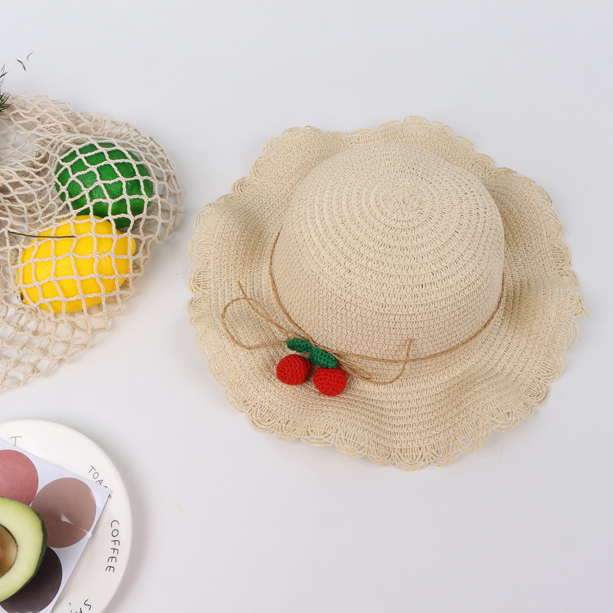 Cherry Lace Wave Straw Hat Bag Set Children&#39;s Sun Hat Summer New Outdoor Sun Hat display picture 7