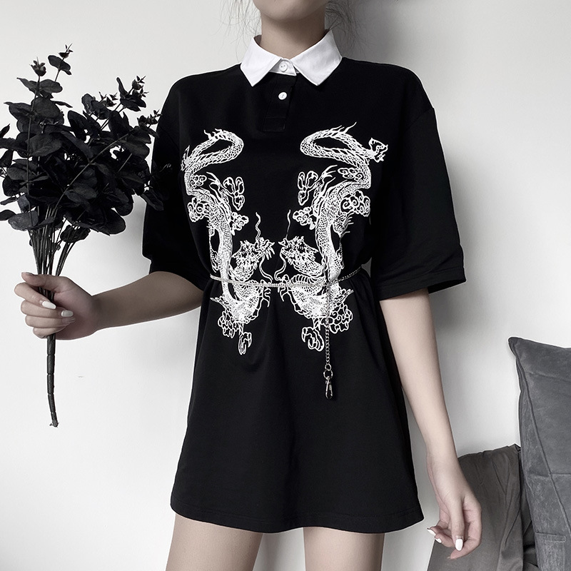 Dragon Pattern Mid Camiseta de manga larga con cuello de polo NSGYB97798