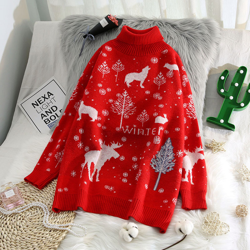 Women's Clothing Autumn and winter loose outer wear retro style thick wear Christmas super fairy high collar pullover sweater female lazy trend_voghion.com