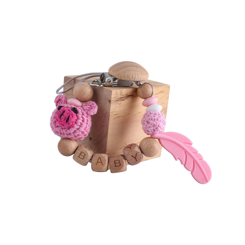 Nueva haya chupete clip bola de lana animal dibujos animados bebé nombre personalizado pluma silicona teether juguete molar