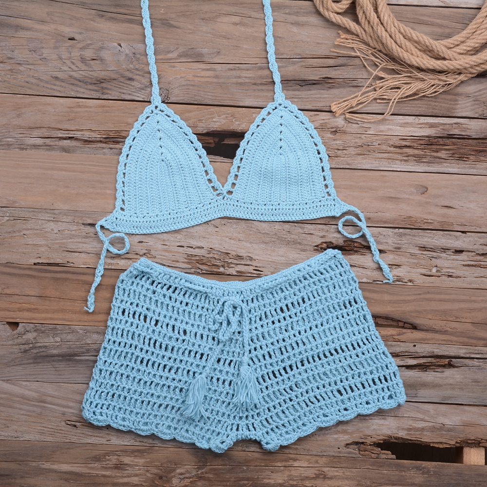 sexy solid color hollow knitted bikini two-piece set nihaostyles wholesale clothing NSYZT95152