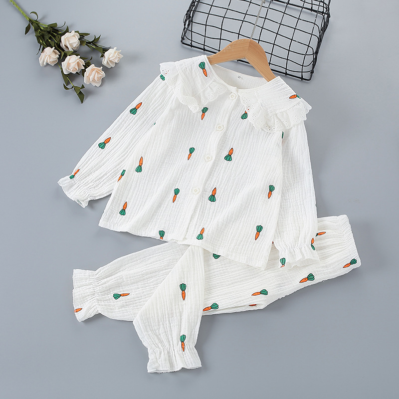 儿童棉纱睡衣夏季薄款公主蕾丝女孩空调服春秋长袖女童家居服套装