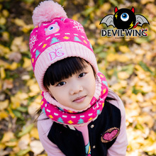 韩国DevilWing小恶魔图案加厚格纹卡通冬季加绒儿童保暖围巾帽子