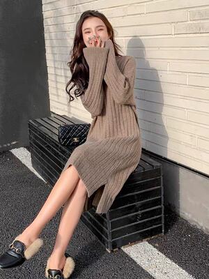 Sweater dress Autumn and winter new pattern thickening Split ends Easy Mid length version Little Half a Primer knitting Dress
