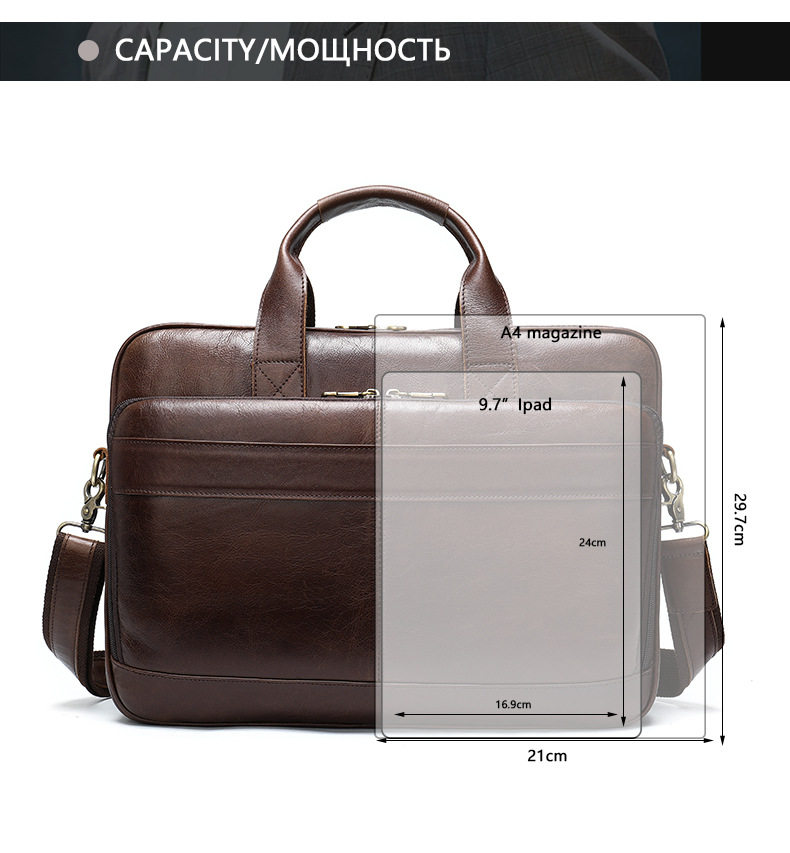 Túi xách công sở đeo chéo một vai cho nam bằng da thật, đựng vừa laptop 15,6 inch — 8841 hoa văn vải đen, Cà phê, 8368 Ngựa Điên Nâu Đỏ, 8368 màu nâu chi tiết 43