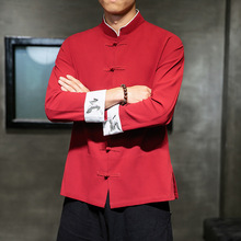 2020中国风秋装男士仙鹤刺绣长袖男士衬衫复古棉麻男装衬衣批发