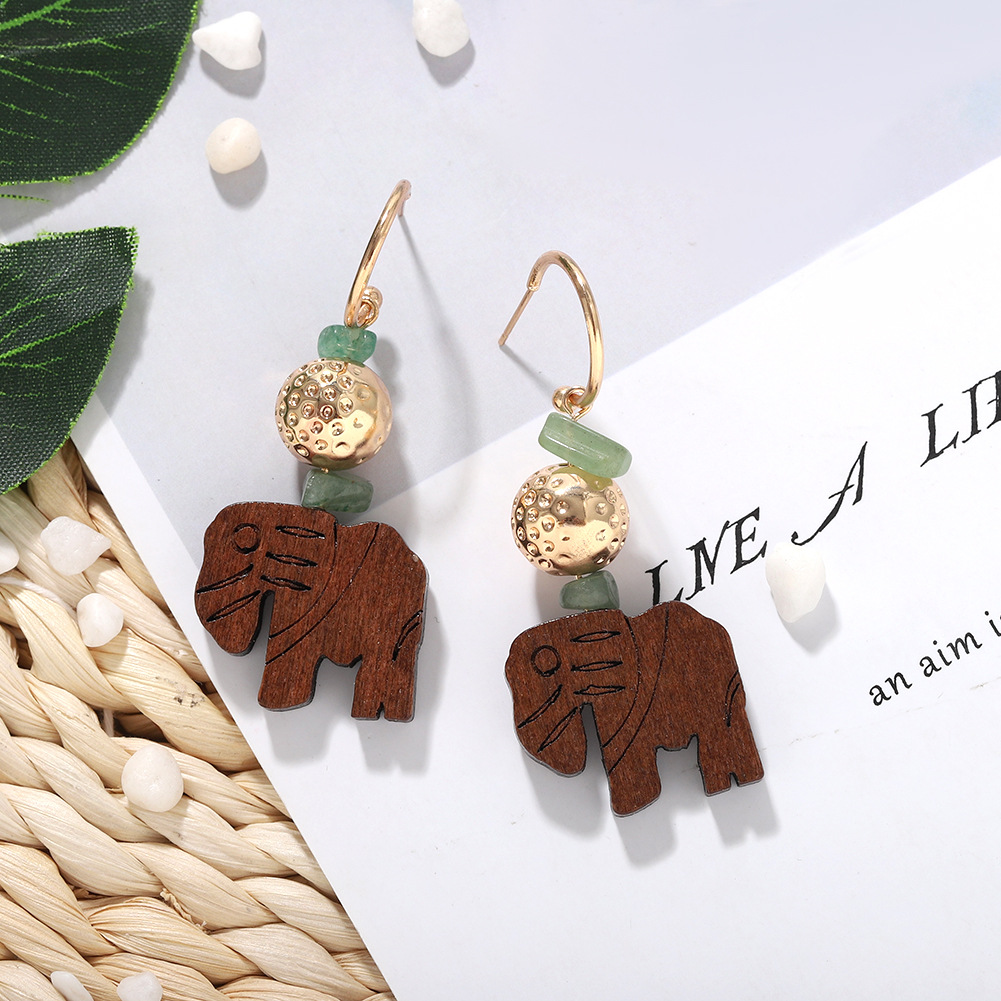 New Fashion Creative Wood Carving Artificial Gems Stitching Cute Elephant Long Earrings For Women Wholesale display picture 4