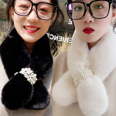 围巾女冬季韩版百搭保暖仿皮草毛绒围巾加厚仿兔毛珍珠交叉围脖潮|ms