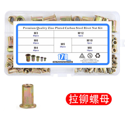 170pcs铆螺母盒装M3M4M5M6M8M10M12彩锌平头条纹 拉铆螺母