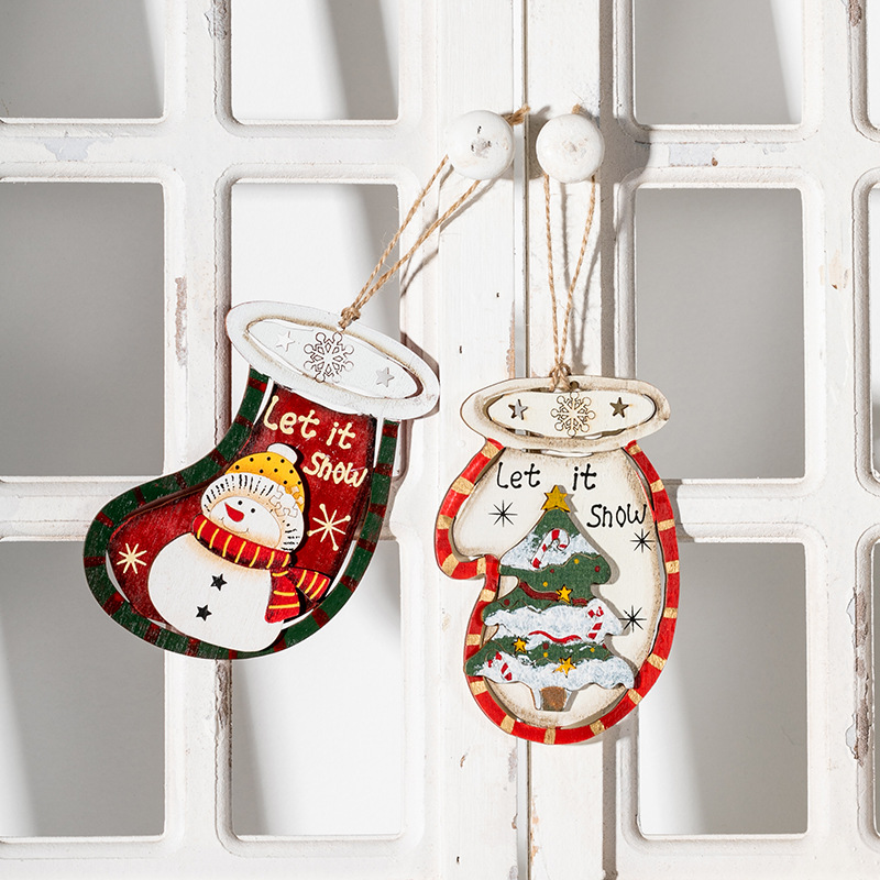 Guantes navideños de madera americanos calcetines colgante pintado árbol de navidad alce muñeco de nieve retro colgante pintado a mano