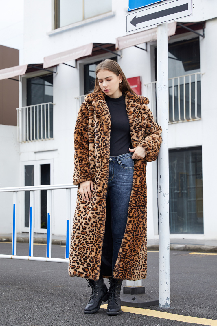 Womens Luxury Faux Fur Leopard Long Coat Lapel Trench Jacket Thick