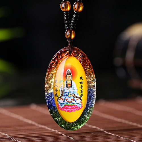 2pcs God luck Wealth Buddhist necklacecoloured glaze amulet guanyin scripture buddhas thangka pattern