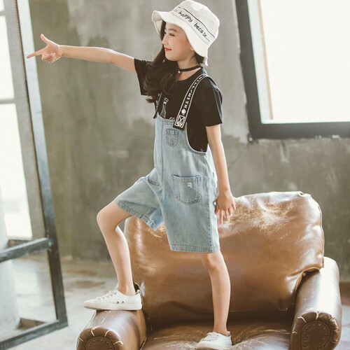 Girls Suit Summer Fashion Korean Printed Short Sleeve T-Shirt Denim Overalls Shorts Two-piece Set  Children's Clothing