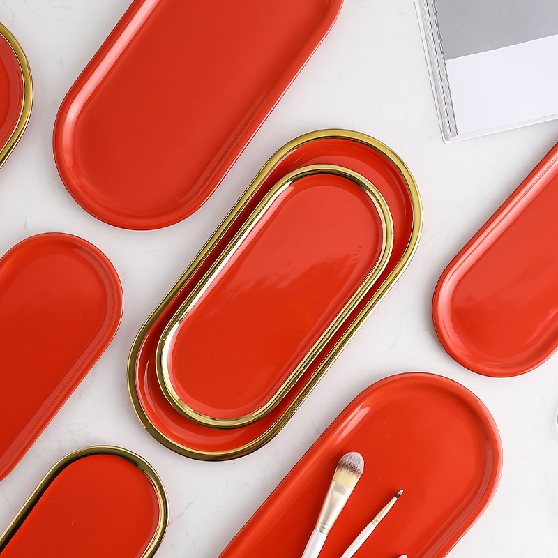 Nordic ins borde dorado placa de cerámica creativa gran bandeja de la joyería roja placa de caramelo suministros de la boda placa de almacenamiento en el hogar