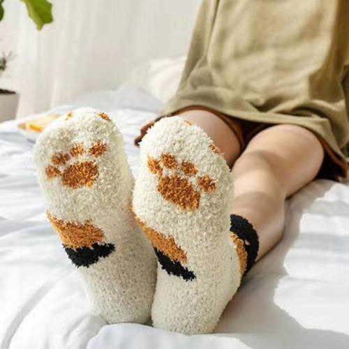 Autumn/Winter New Arrival Plush Socks, Coral Fleece Socks, Thick Warm Floor Socks, Home Cat Paw Print Sleep Socks