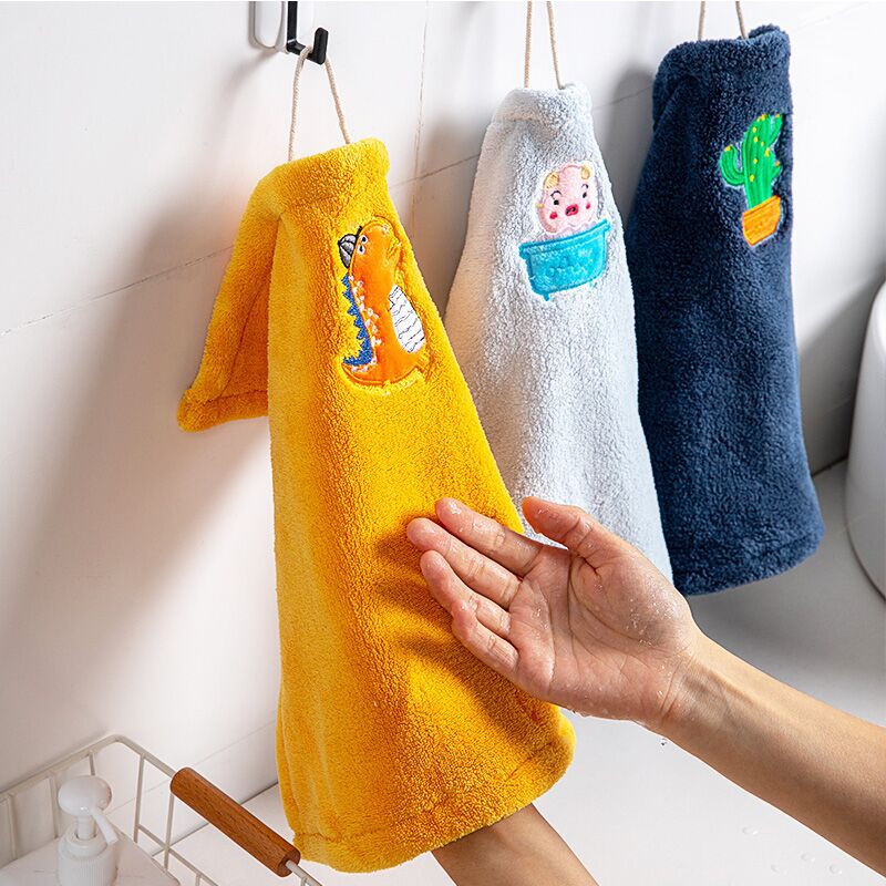 Hand towel embroidery cute animal coral velvet wash cloth wet and dry home large size hand towel