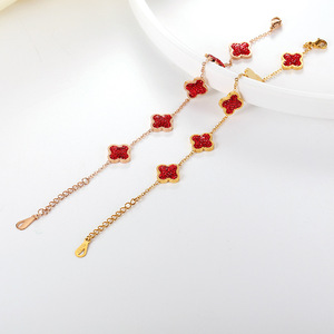 韩版创意新款女士四叶草手链18k玫瑰金饰品 五个四叶花红钻手链