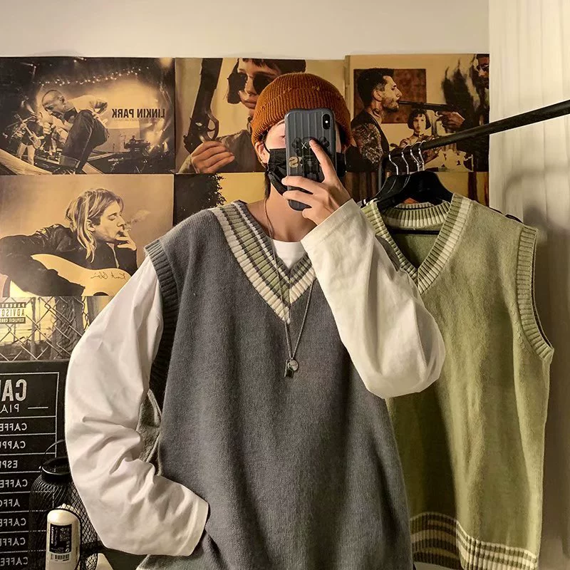 Sweater, brand trend demi-season vest, V-neckline, oversize, Korean style