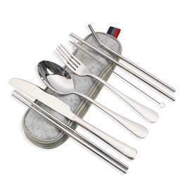 不锈钢便携式餐具304不锈钢吸管 筷子西餐刀叉汤勺组合套装七件套