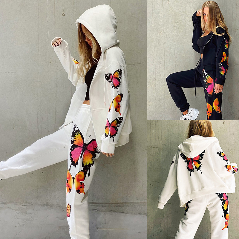 butterfly print hooded long-sleeved trousers casual suit  NSZH18576