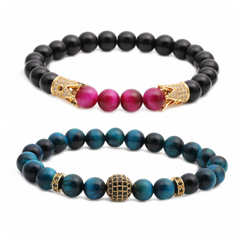 new bracelet tigeru0027s eye frosted stone crown diamond ball beaded bracelet set wholesale nihaojew